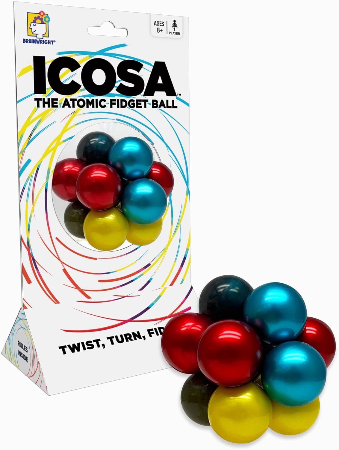 Fidget ball next to its packaging