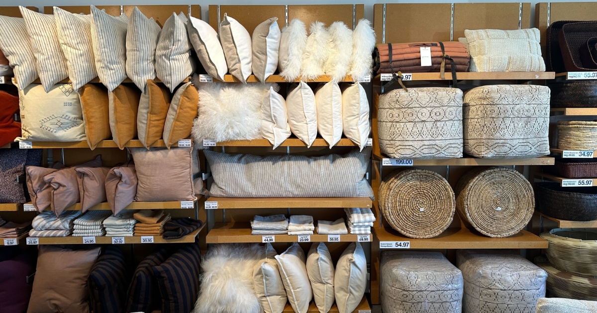 Stock of throw pillows and other home decor at Crate & Barrel Outlet Stores | Crate & Barrel Clearance Deals