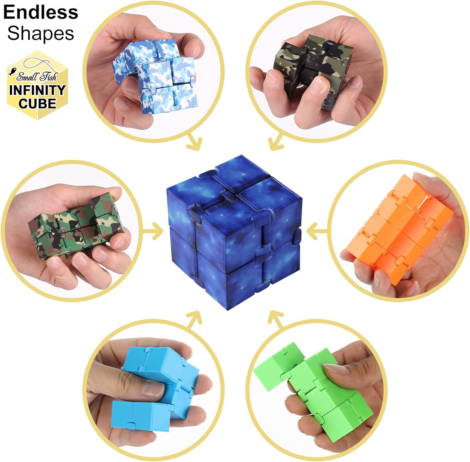 hands holding infinity cubes and moving them into different shapes