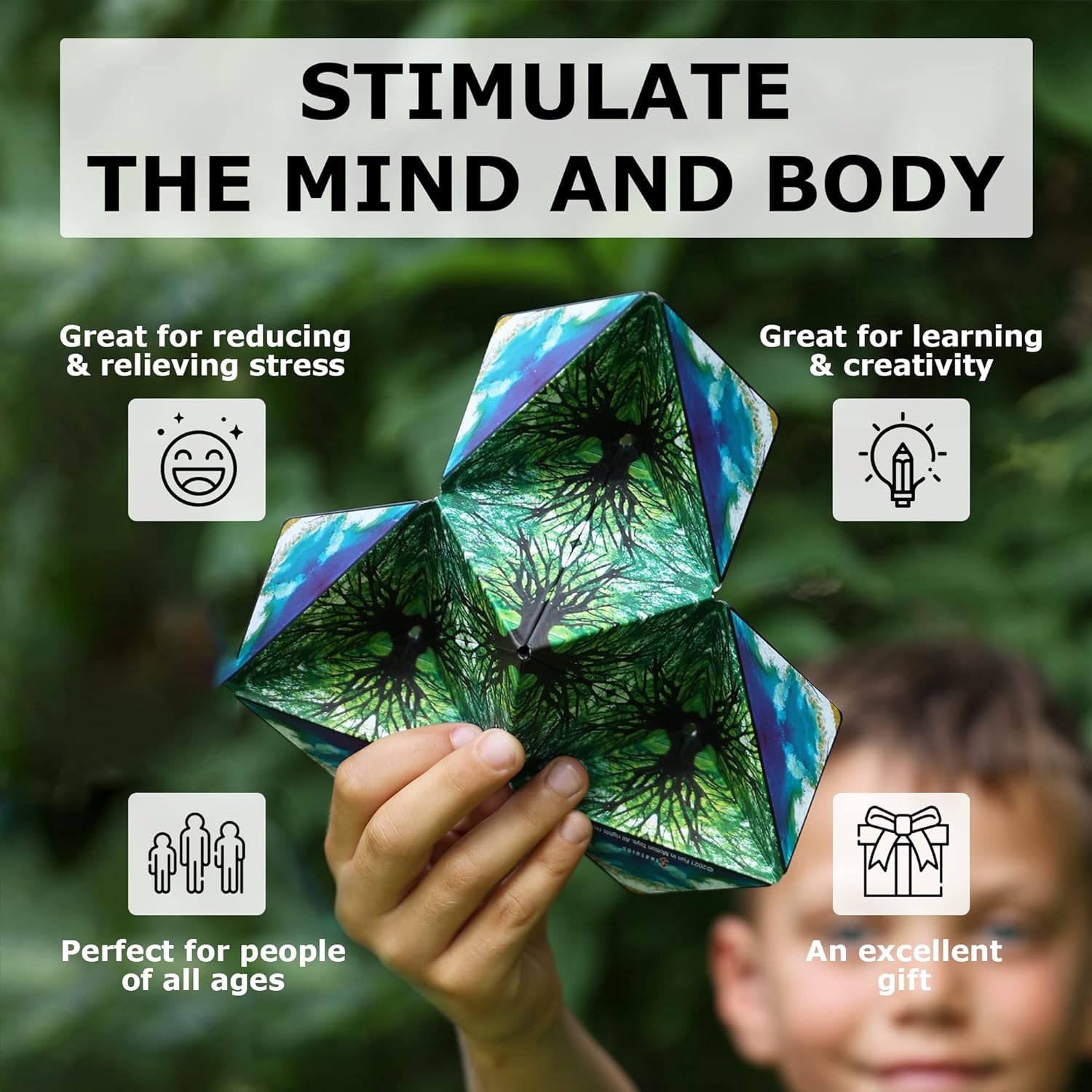child holding a Shashibo shape shifting cube