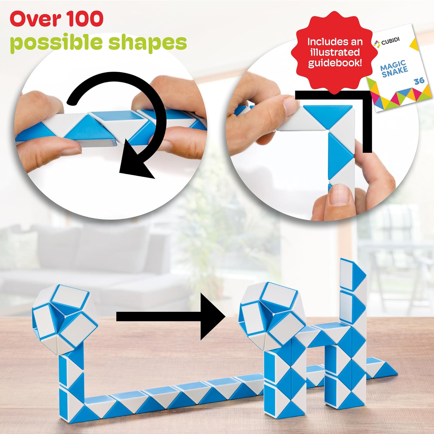 magic snake cubes sitting on a table and two images of hands moving the cubes