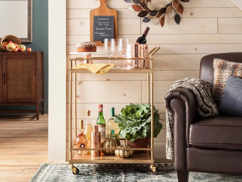 Threshold Wood Glass Gold Finish Bar Cart