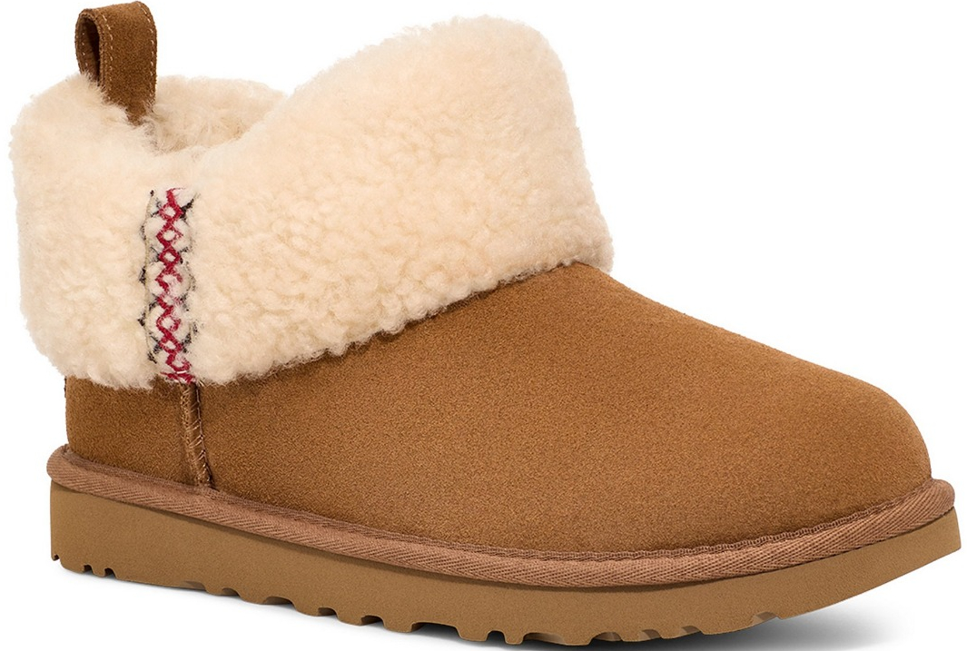UGG Ultra Mini UGG Braid Suede Fur Collar Booties