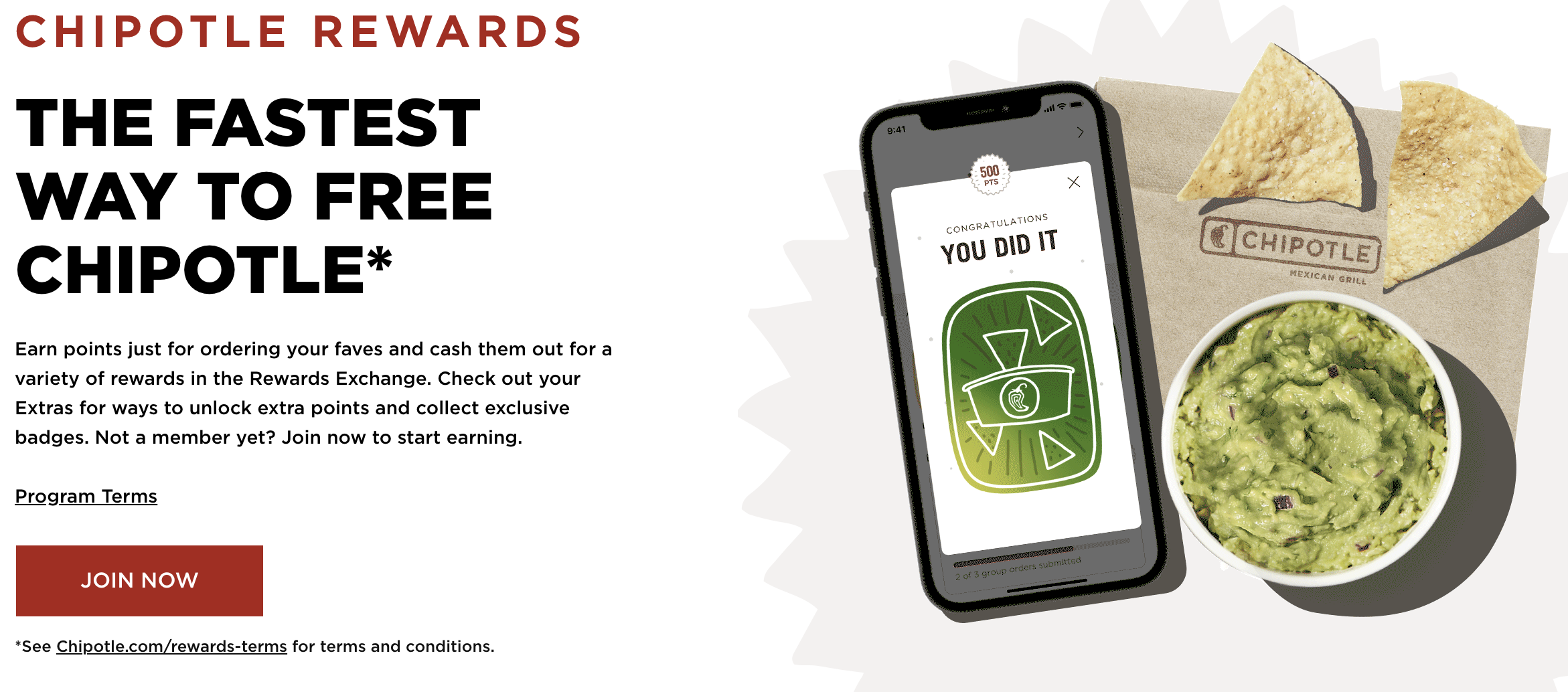 Chipotle rewards app, guac, and chips on a Chipotle napkin