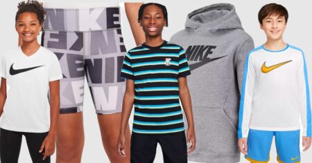 Smiling Kids Wearing a Variety of Nike Shirts, Sweatshirts, and Shorts During Nike Apparel Sale at Kohls