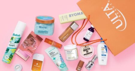beauty products spilling out of an ULTA beauty bag