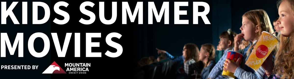 kids summer movies banner with kids in a movie theater