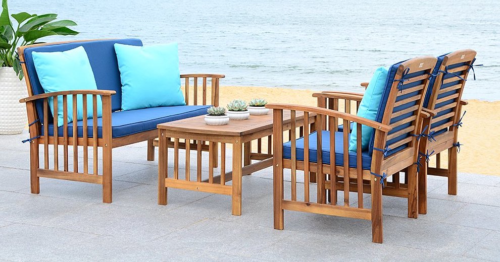 SAFAVIEH | Teak & Navy Rocklin Four-Piece Patio Seating Set