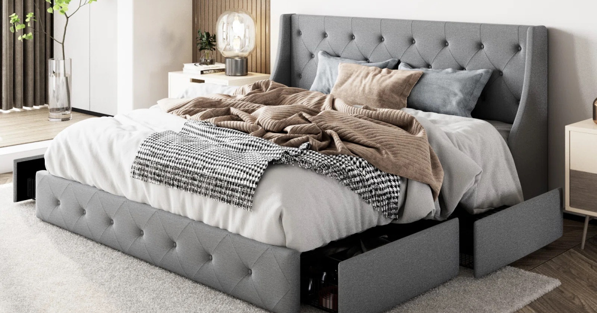 Wayfair Storage Bed Wayfair Storage Bed with blankets on it