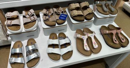 two rows of Birkenstock sandals on a display table