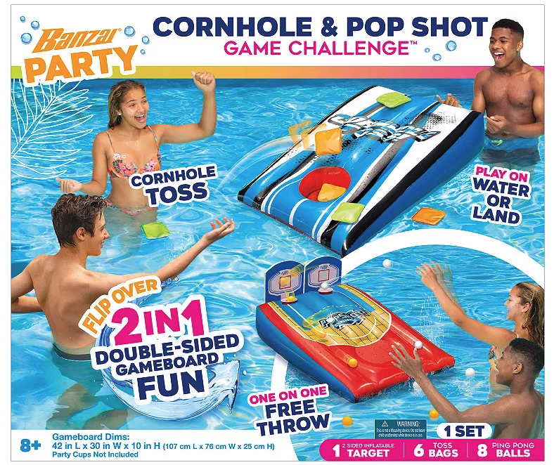 Banzai Party Double-sided 2-in-1 Toss Gameboard Cornhole & Pop Shot Challenge