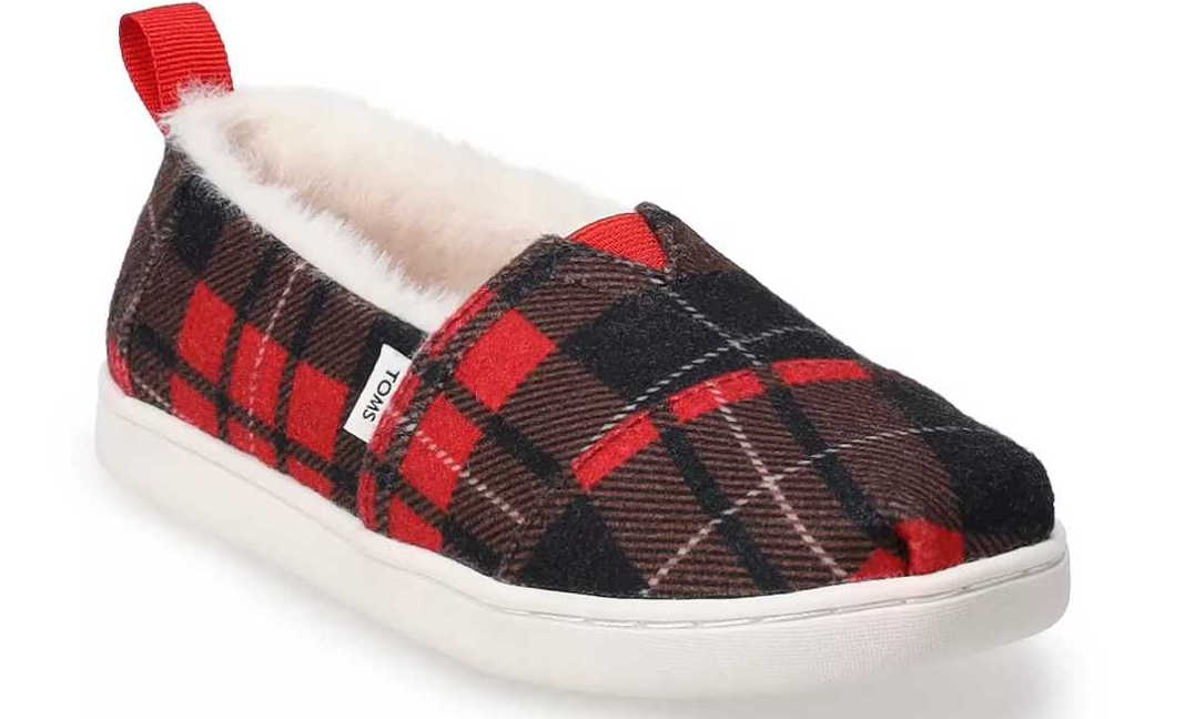 TOMS Red Tartan Girls Faux Fur Alpargata Shoes
