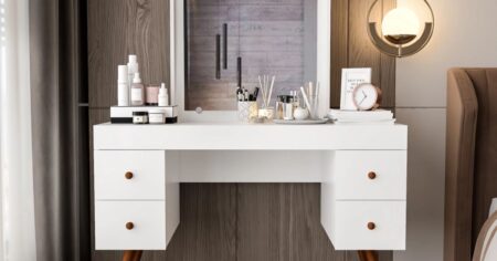 vanity table with makeup on it