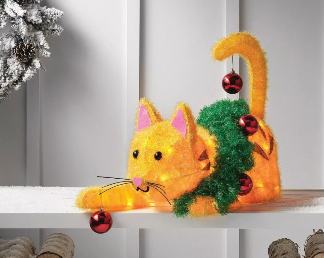 Incandescent Orange Tinsel Cat Christmas Novelty Sculpture Light Clear