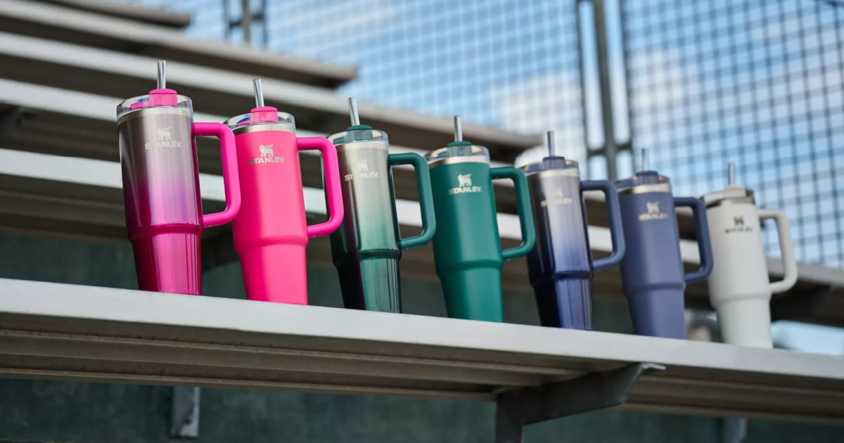 row of Stanley tumblers on a bench