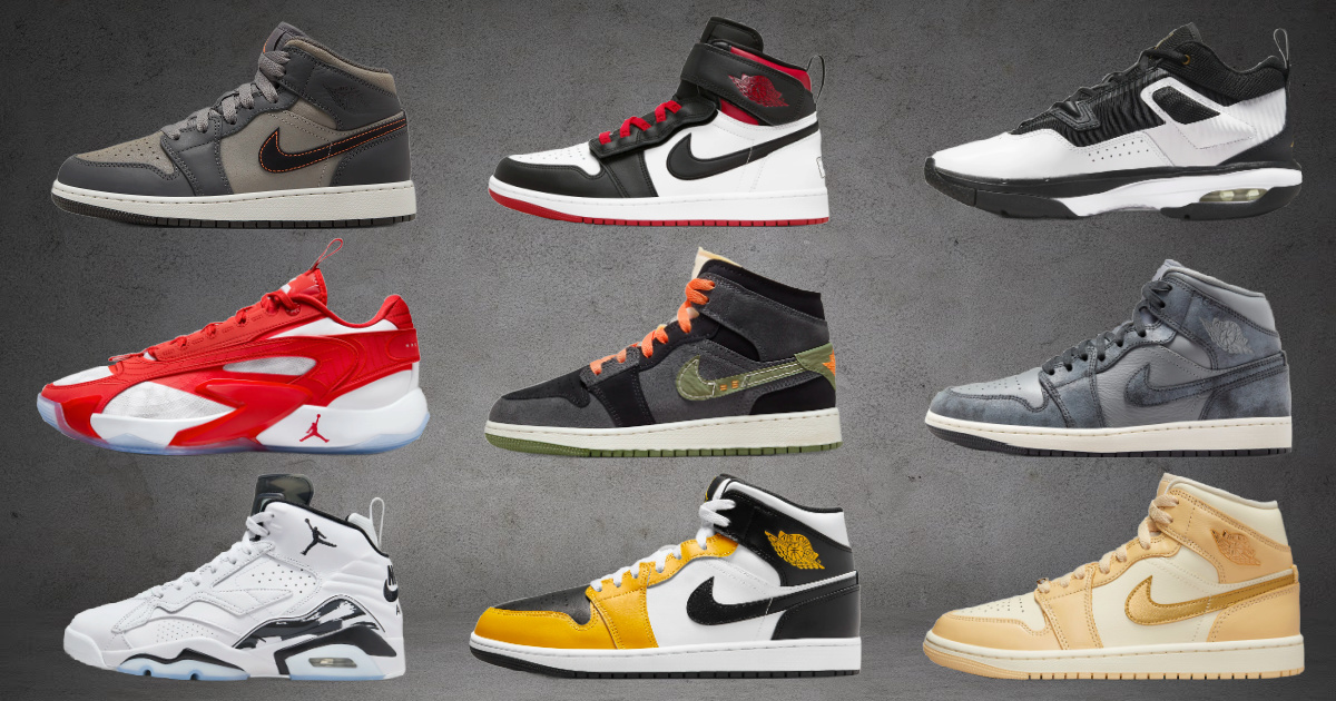 An assortment of Jordans on street-colored background
