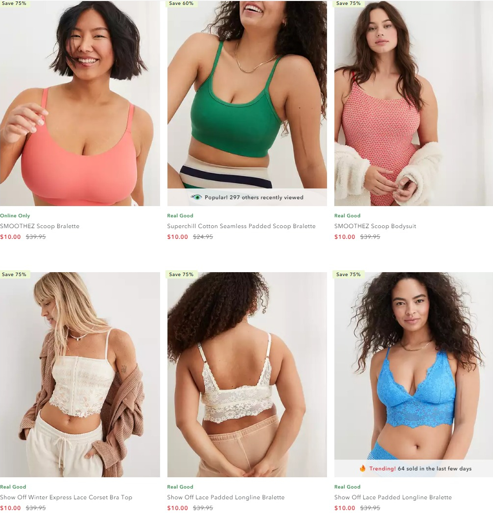 Aerie Bras screenshot of the Aerie site showing six women in bras or bralettes