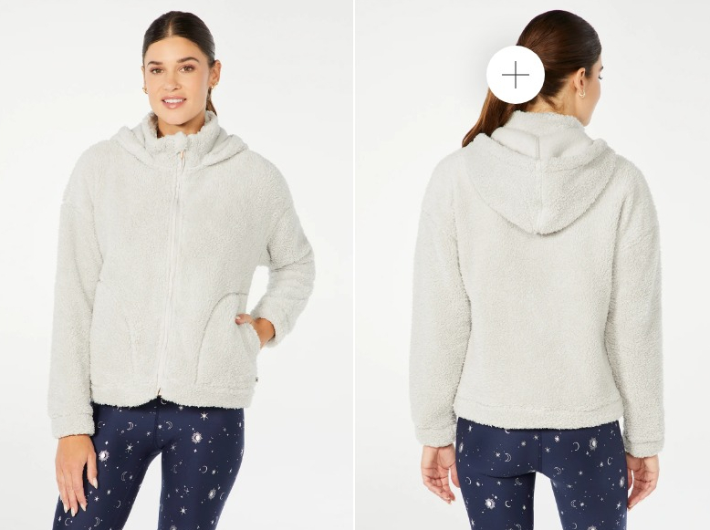 front and back view of a woman wearing a white fuzzy jacket