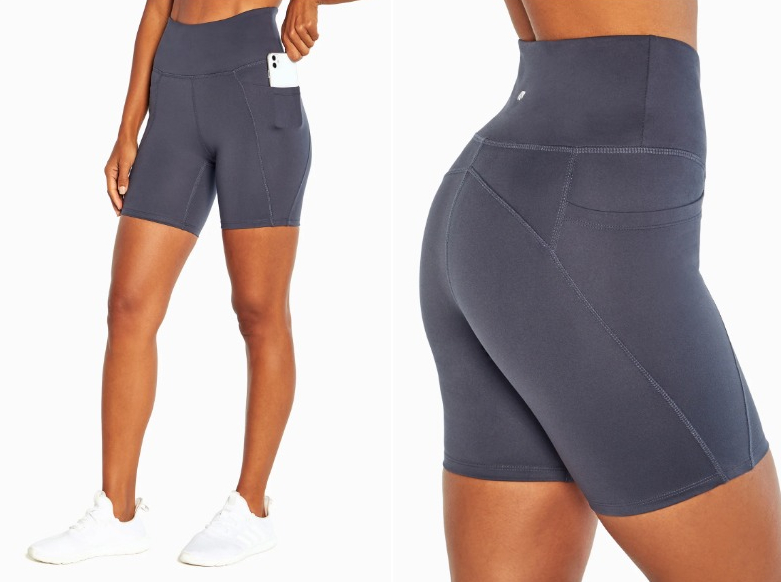 front and side view of a woman wearing shorts