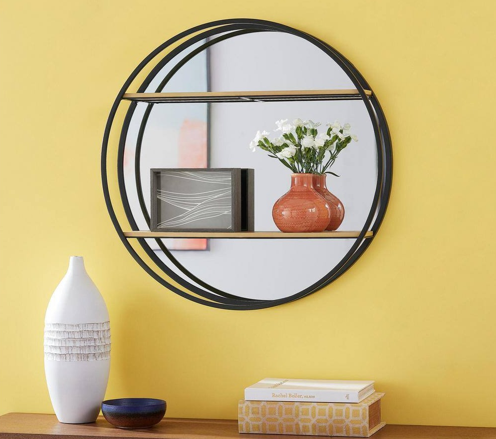 StyleWell Round Wood Black Metal Wall Mount Bookshelf with Mirror