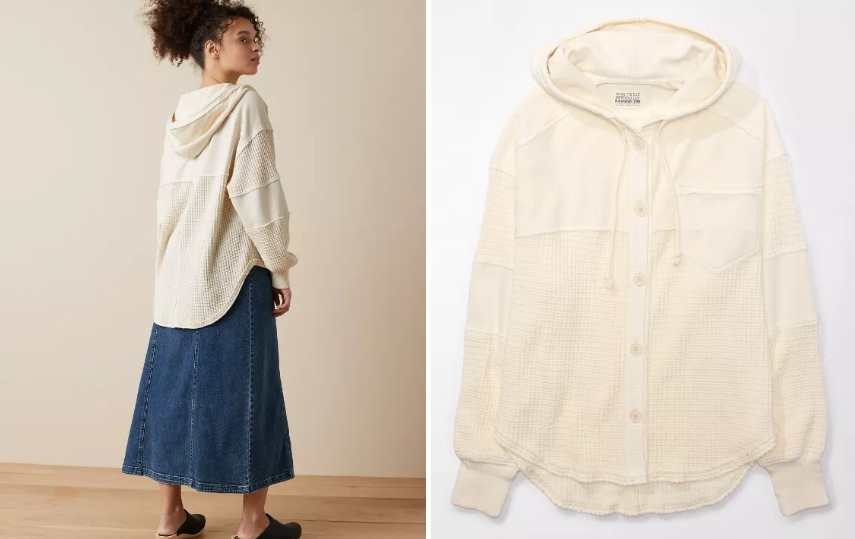 woman wearing a beige jacket and a stock image of the jacket next to her