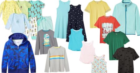 multiple groups of kid's clothing