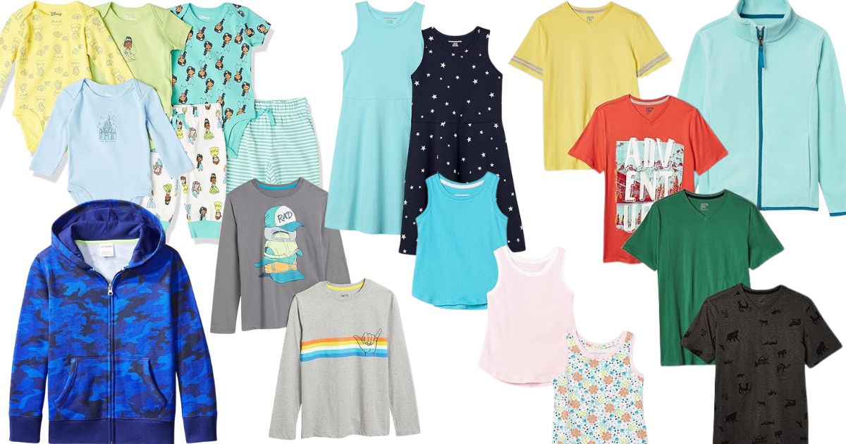 multiple groups of kid's clothing
