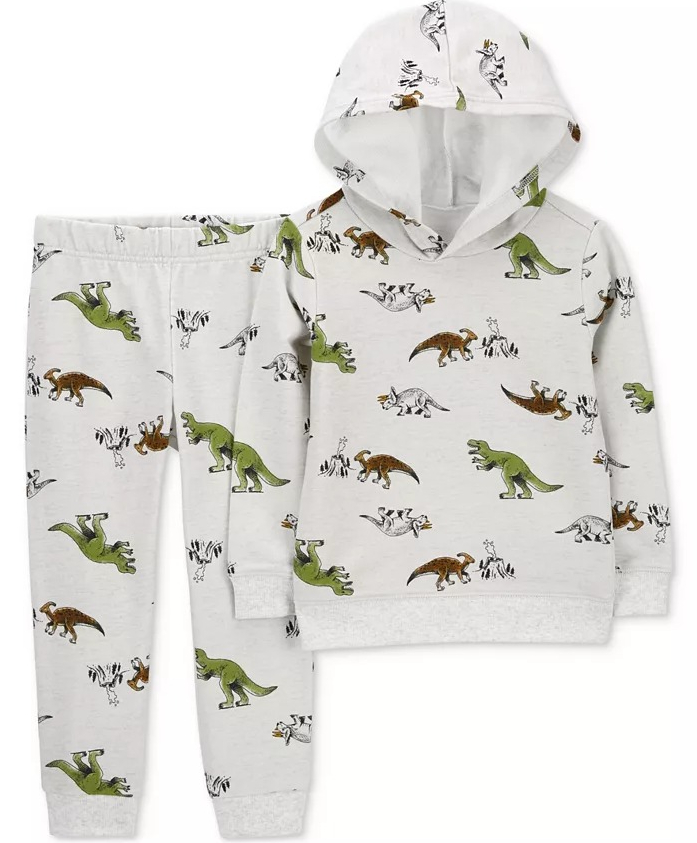 Baby Boys Dino Hooded Pullover and Pants Piece Set