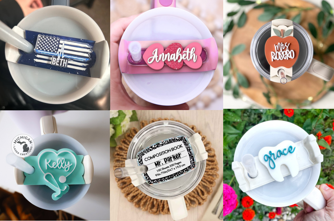 custom nameplates on the top of the Stanley tumbler lid