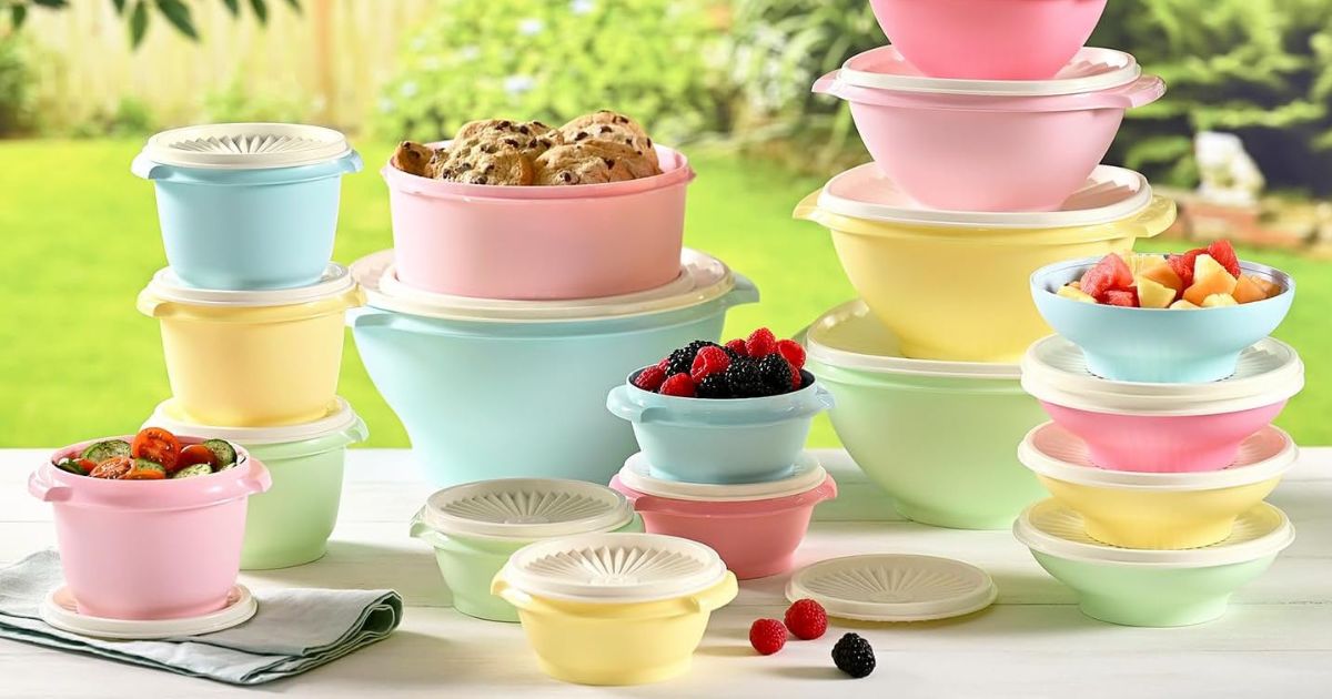 stacks of pastel colored Tupperware bowls with food in them