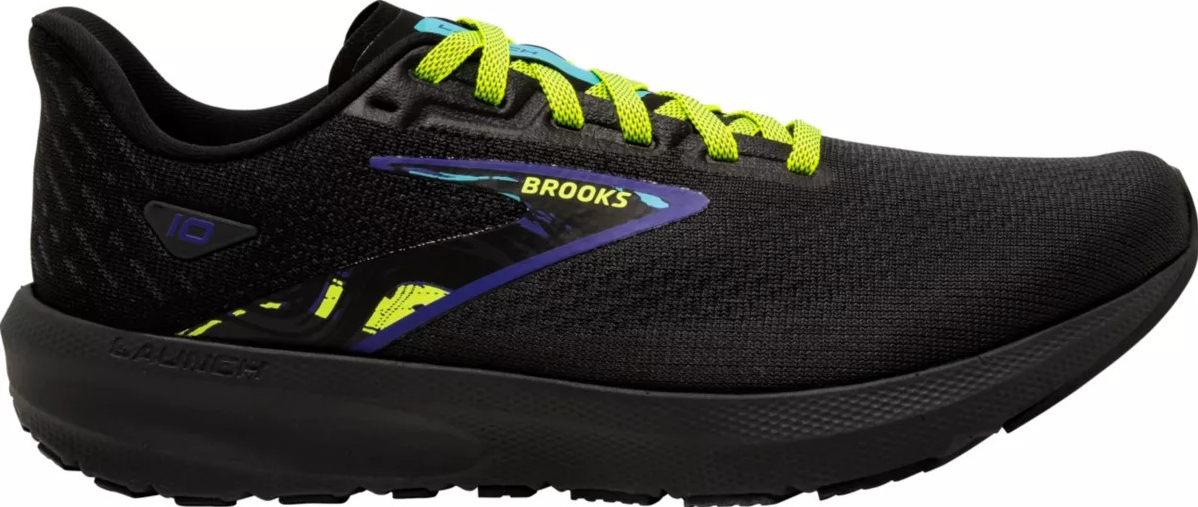 Brooks Men s Launch Running Shoes solid black Brooks running shoe with lime green laces