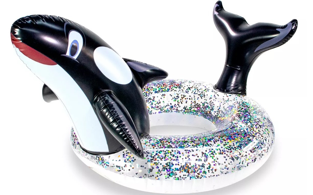 Orca Tube pool float with an orca head and tail on it