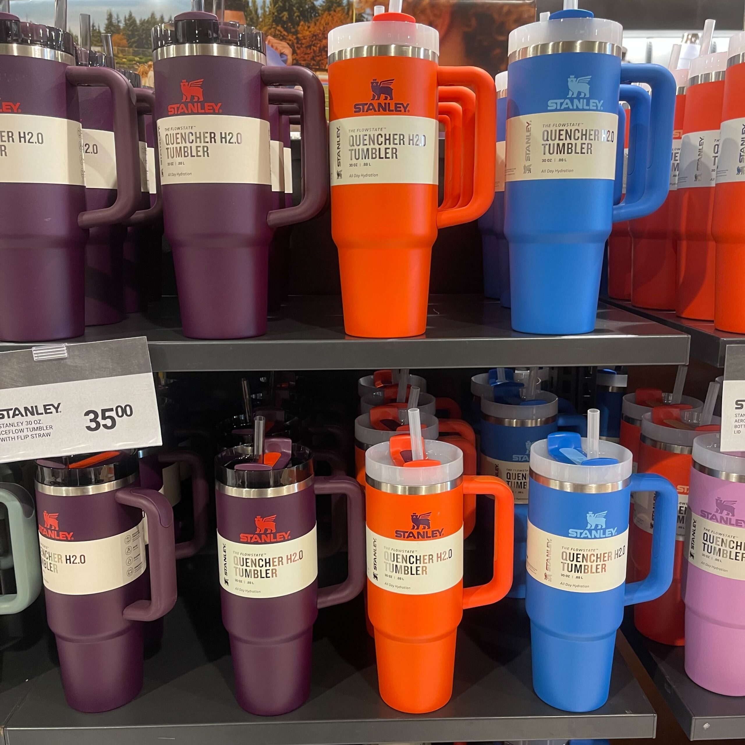 Stanley tumblers on a shelf in purple, orange, and blue