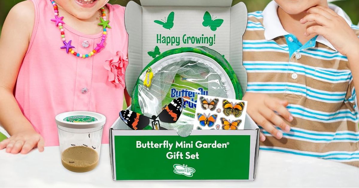 Butterfly Garden two kids sitting with a box of butterfly garden supplies