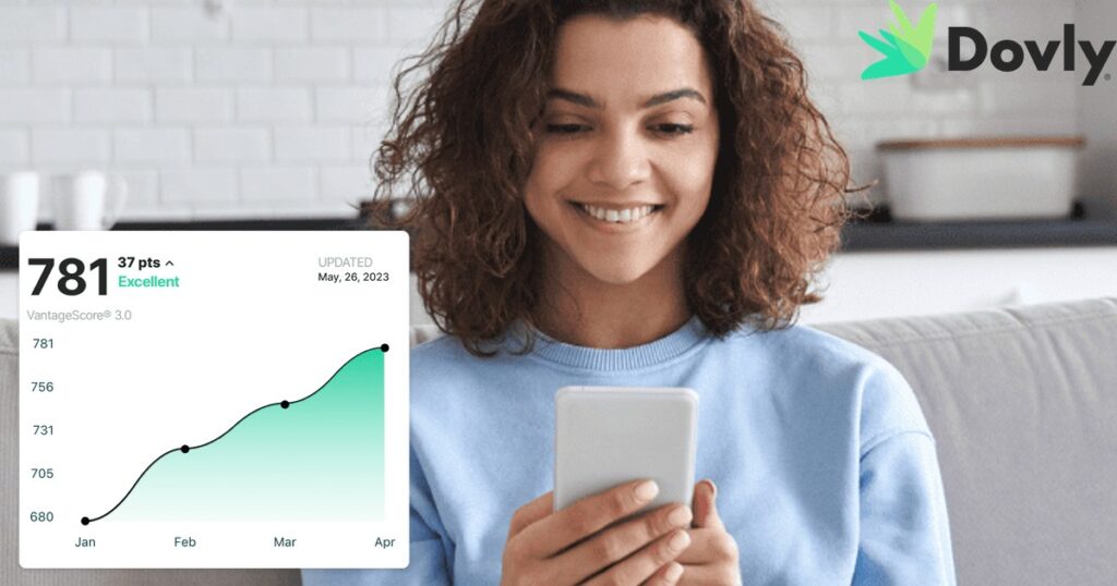 woman smiling at her phone with a credit score image next to her