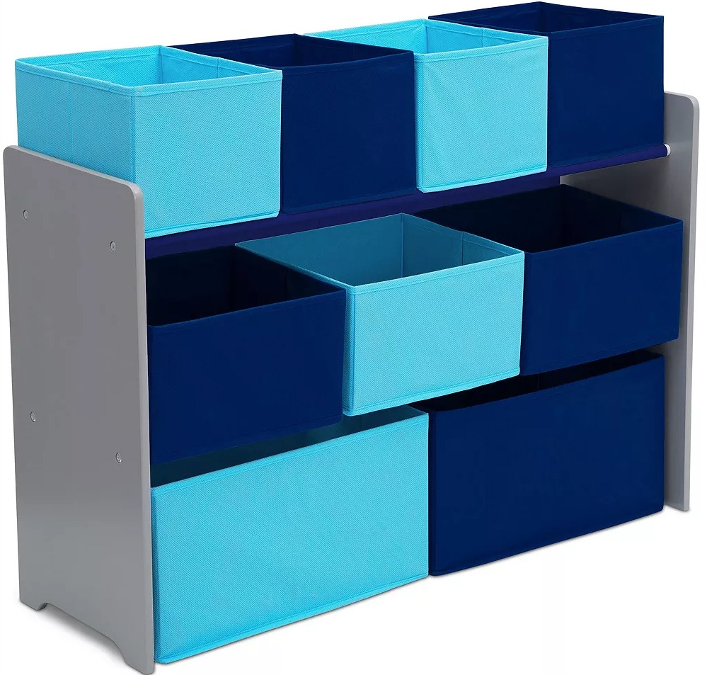 toy storage shelf with two shades of blue bins