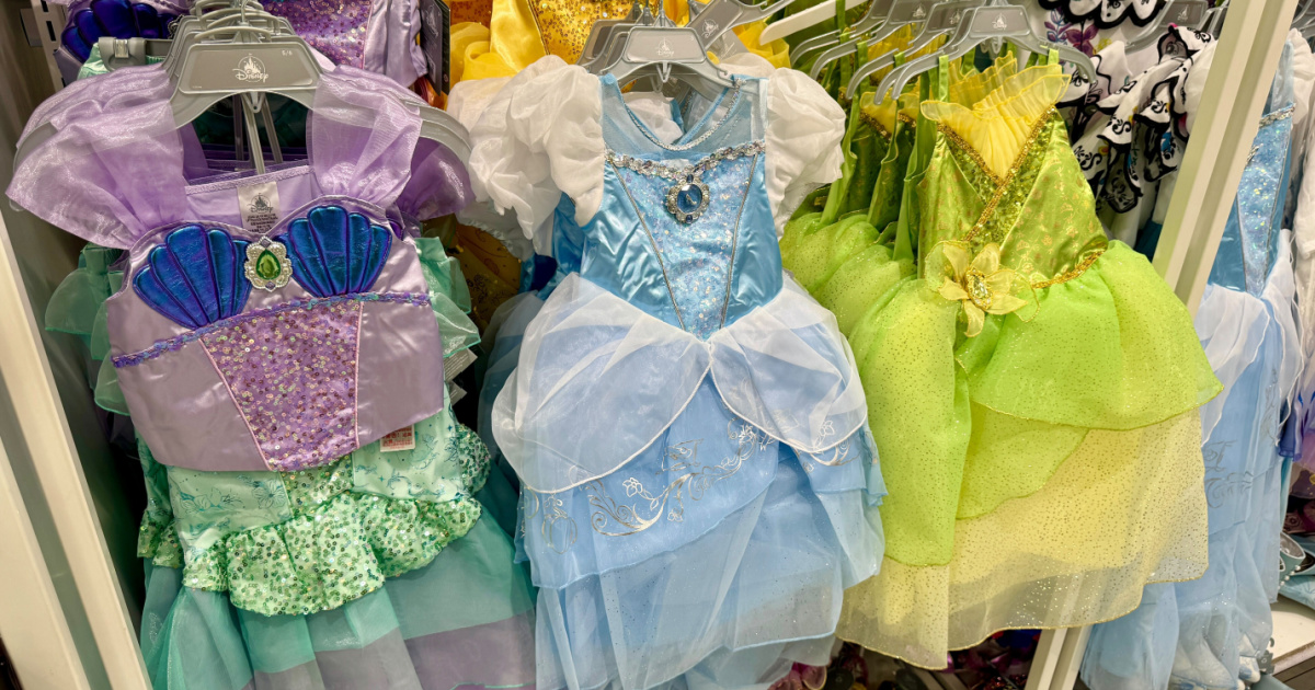 Disney Princess Costume Dresses hanging at store