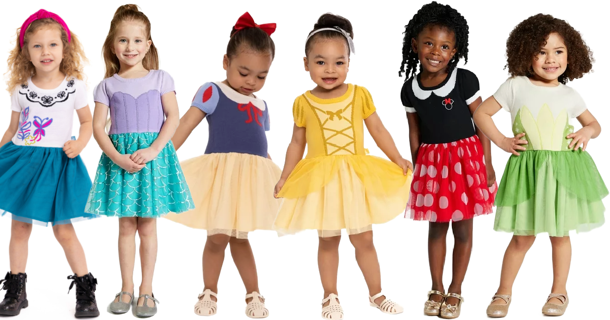 toddlers and girls in a row wearing Disney Princess Dresses