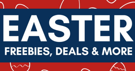 Blue & Red Background with White Seamless Egg Background with text saying EASTER FREEBIES DEALS MORE