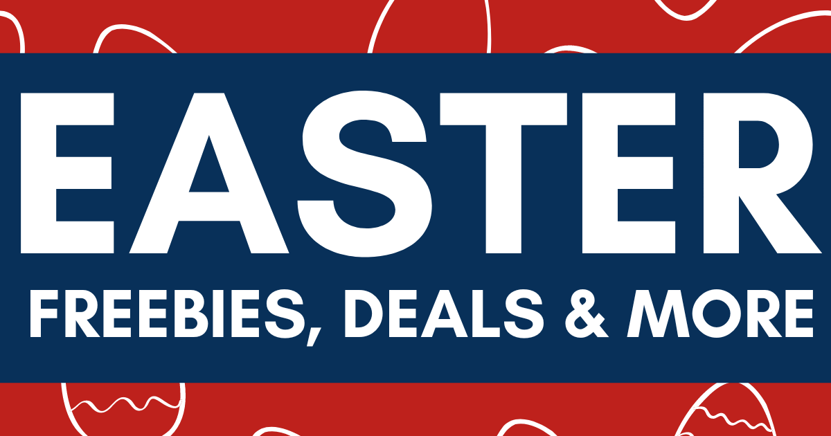Blue & Red Background with White Seamless Egg Background with text saying EASTER FREEBIES DEALS MORE