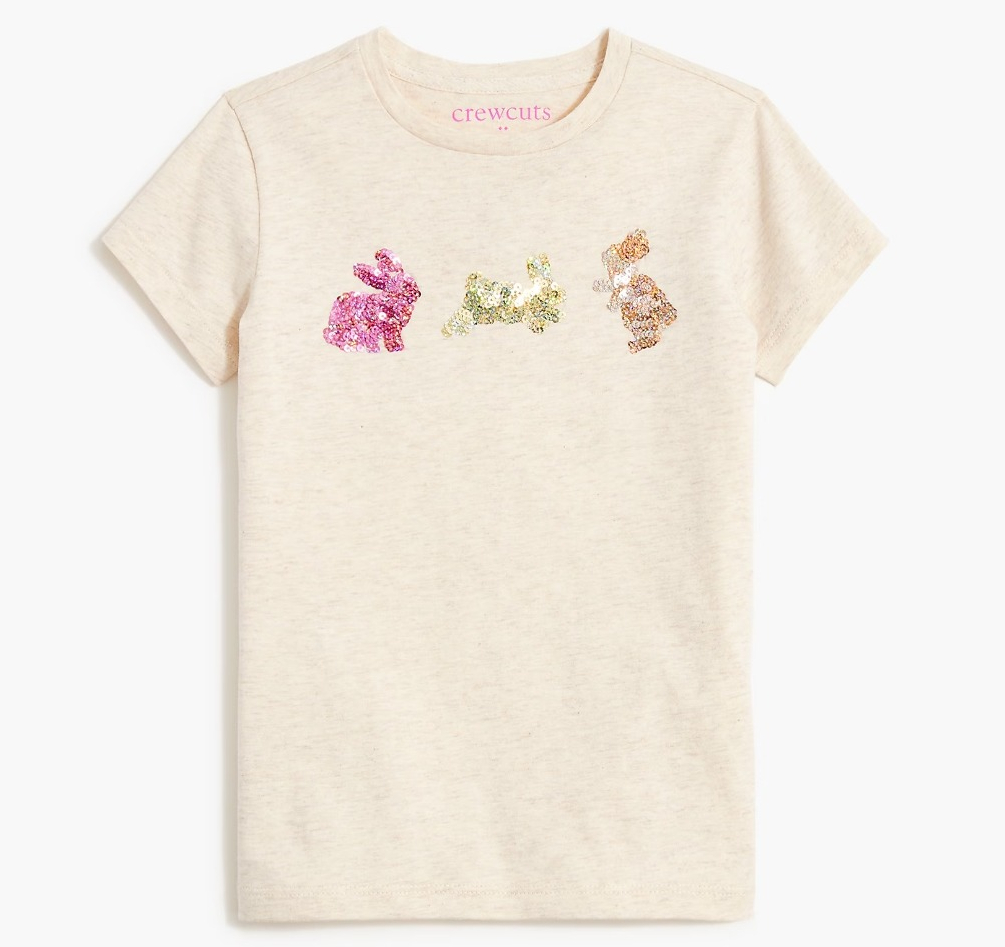 tan shirt with sequin bunnies on it