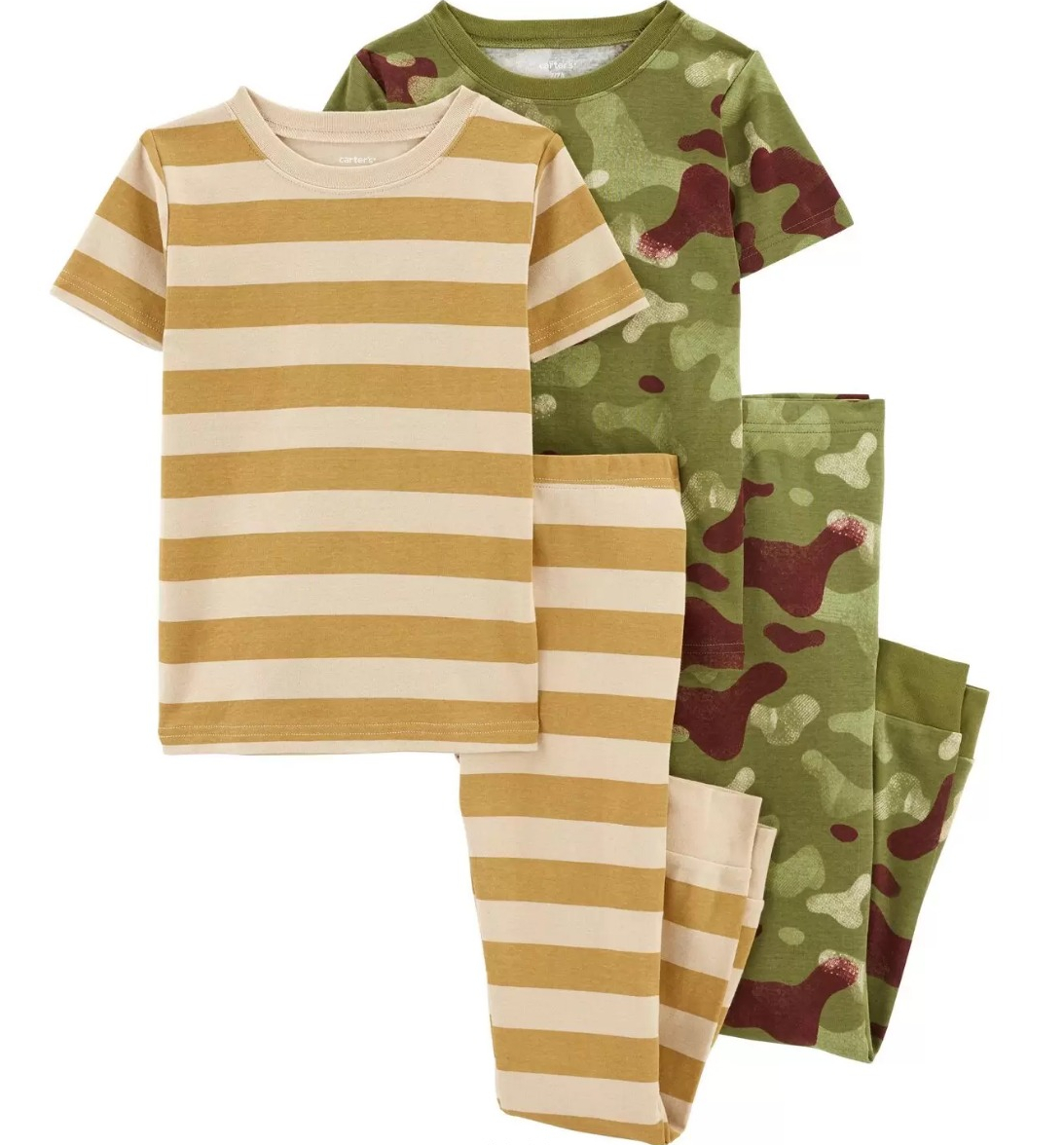 two sets of pajamas one with stripes and the other in camo