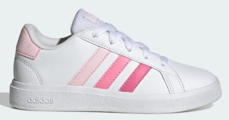 white sneaker with pink stripes
