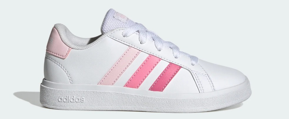 Kids Grand Court Lifestyle Tennis Lace Up Shoes white sneaker with pink stripes