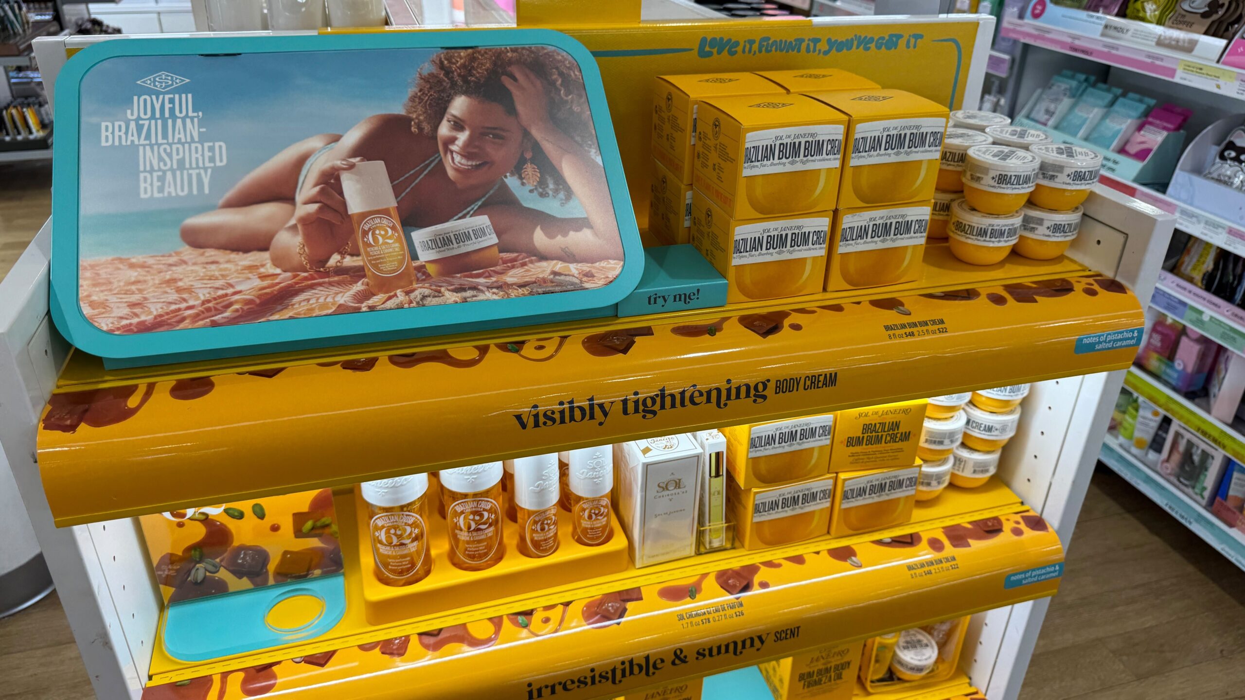 Store display of Sol de Janiero beauty products