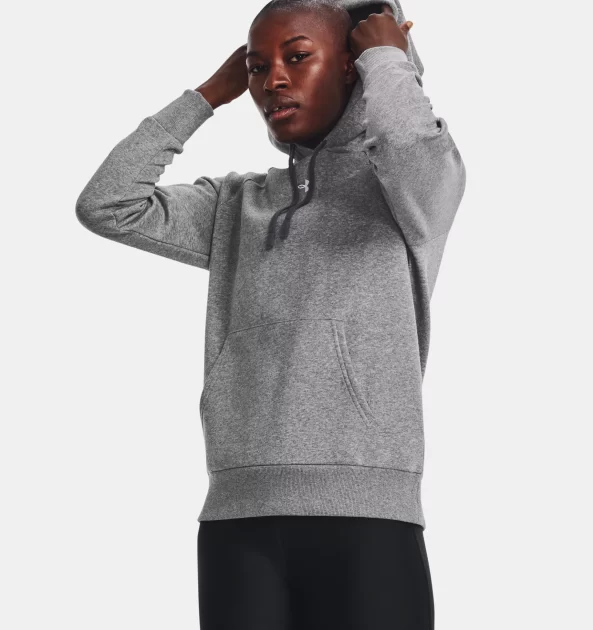 woman wearing a gray under armour hoodie
