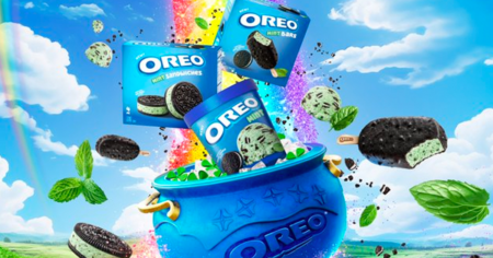 mint oreo products in front of a rainbow
