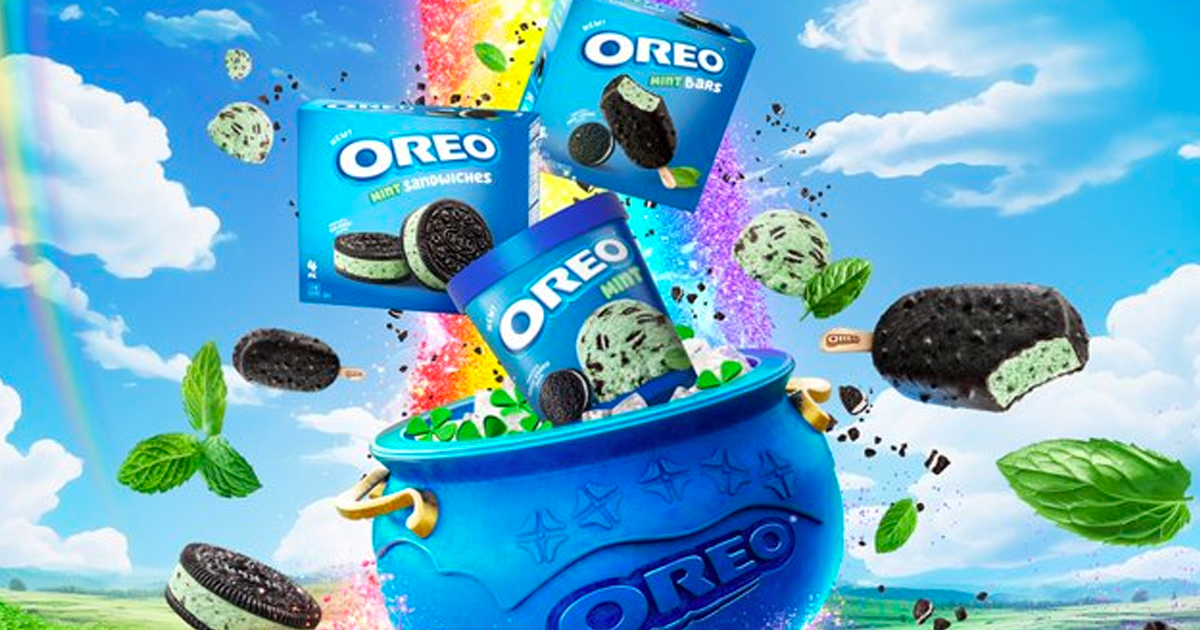 mint oreo products in front of a rainbow