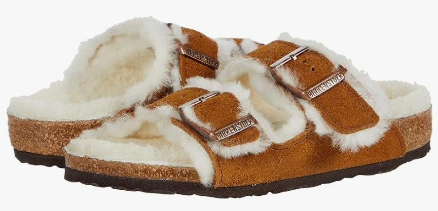 tan Birkenstock sandals with white fur