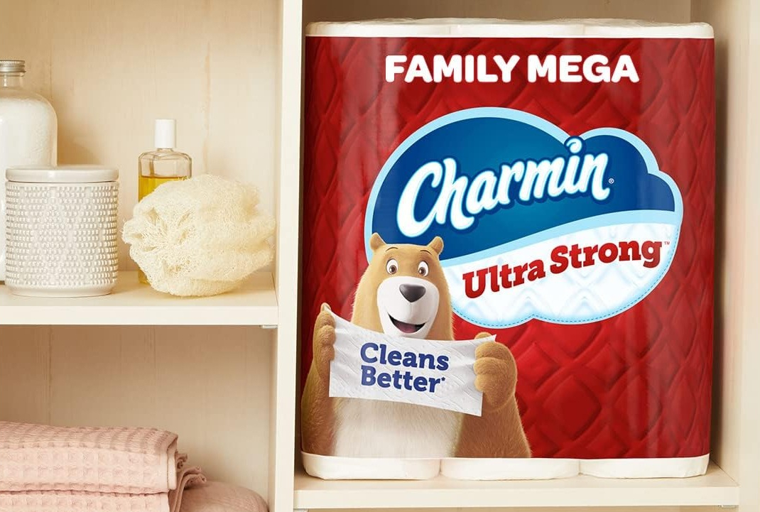 Charmin Ultra Strong toilet paper package on a bathroom shelf